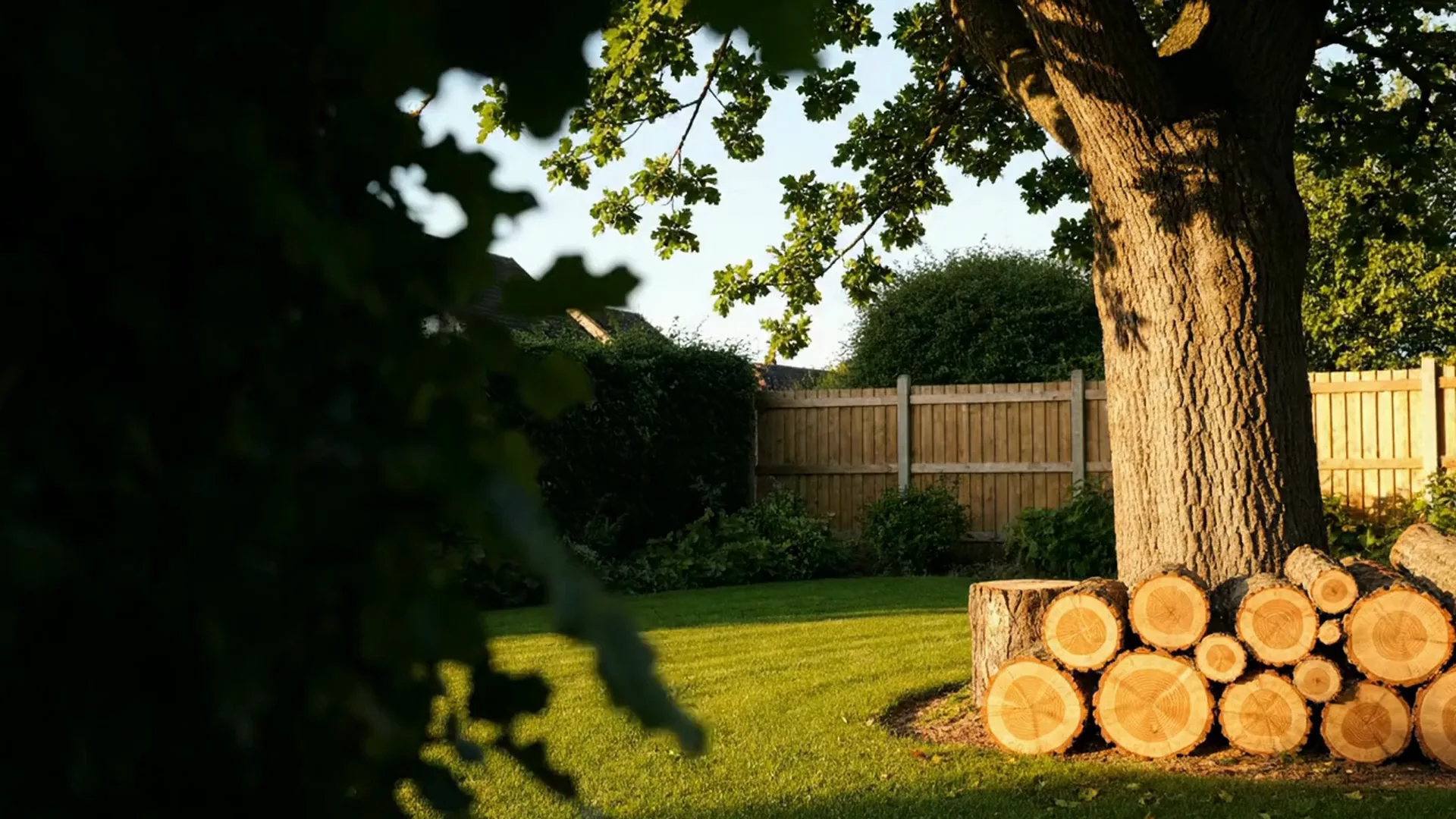 A mature tree and neatly stacked timber in a quiet residential garden